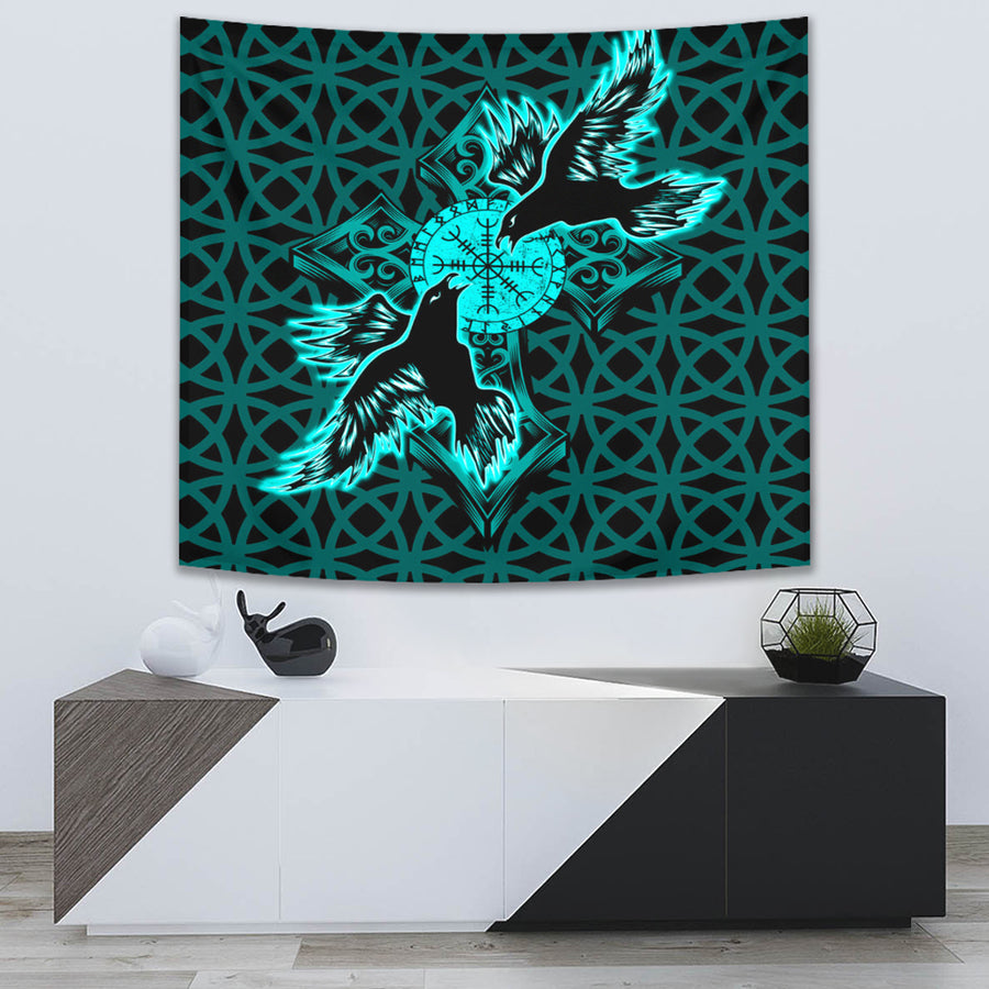 Tspinners Tapestry -Viking Raven Cross Turquoise Tapestry A95
