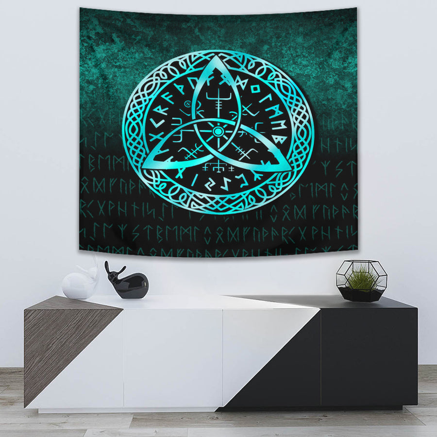 Tspinners Tapestry - Vegvisir Nordic Viking Rune - Cyan Version Tapestry A7