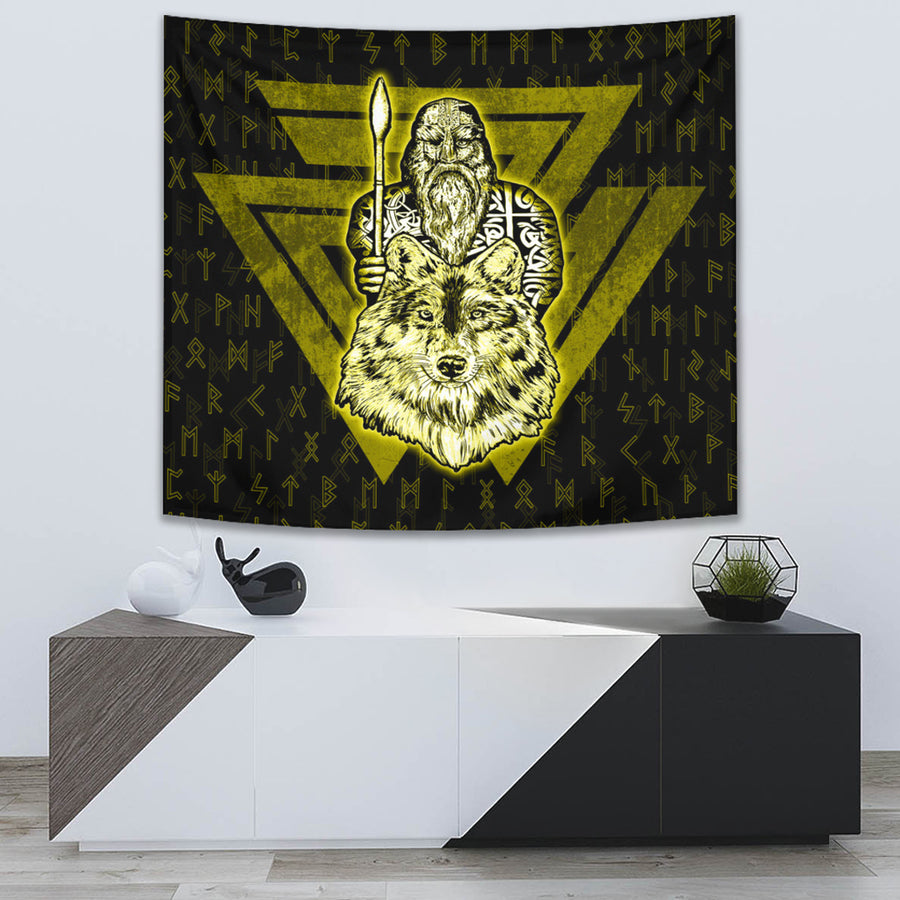 Tspinners Tapestry -Viking Odin Wolf Gold Tapestry A95