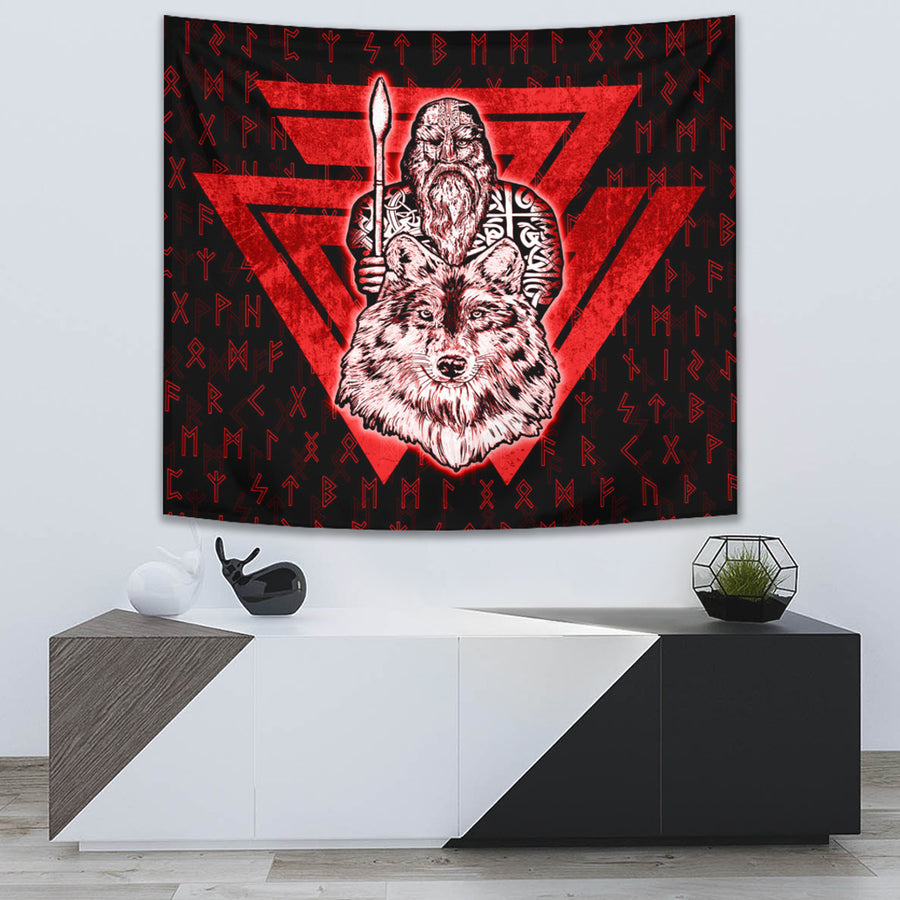 Tspinners Tapestry -Viking Odin Wolf Red Tapestry A95
