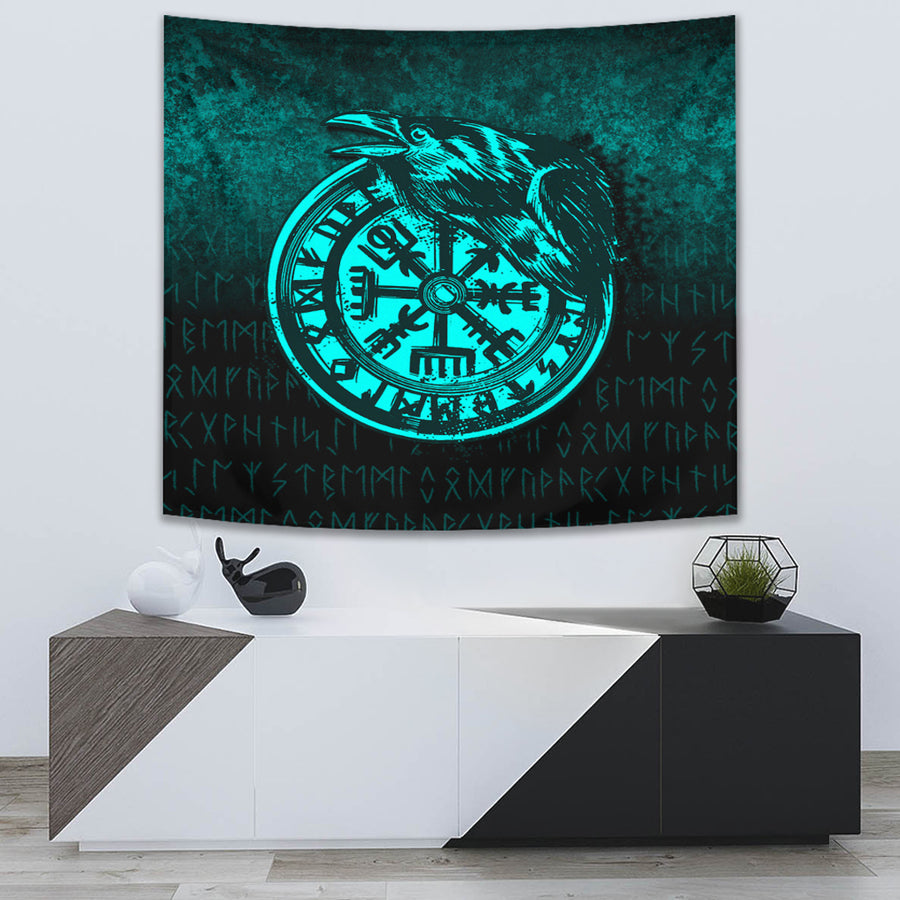 Tspinners Tapestry - Viking Vegvisir Rune with Crow - Cyan Version Tapestry A7