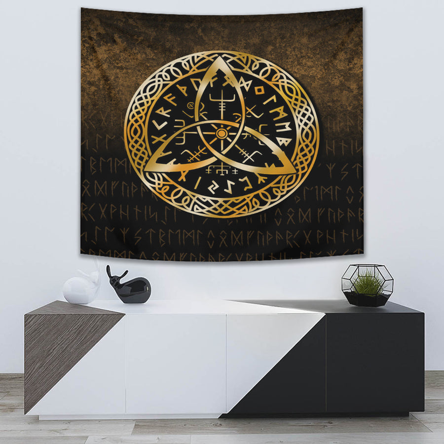 Tspinners Tapestry - Vegvisir Nordic Viking Rune - Gold Version Tapestry A7
