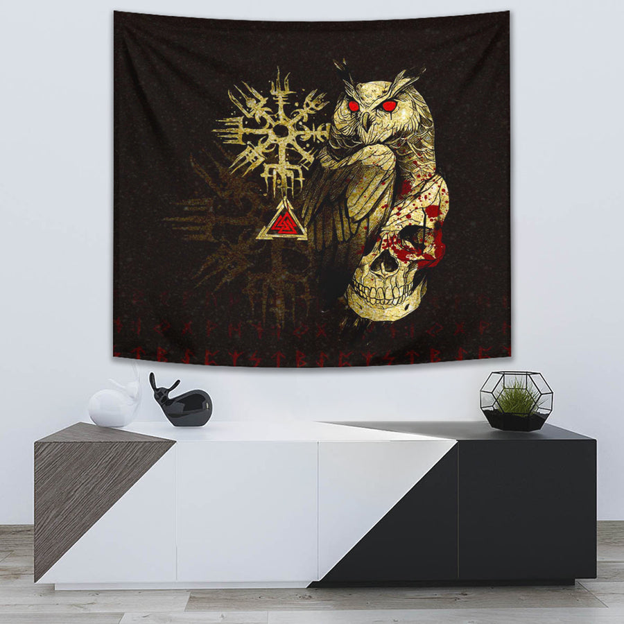 Tspinners Tapestry -Viking Owl Skull Blood Gold Style Tapestry A94