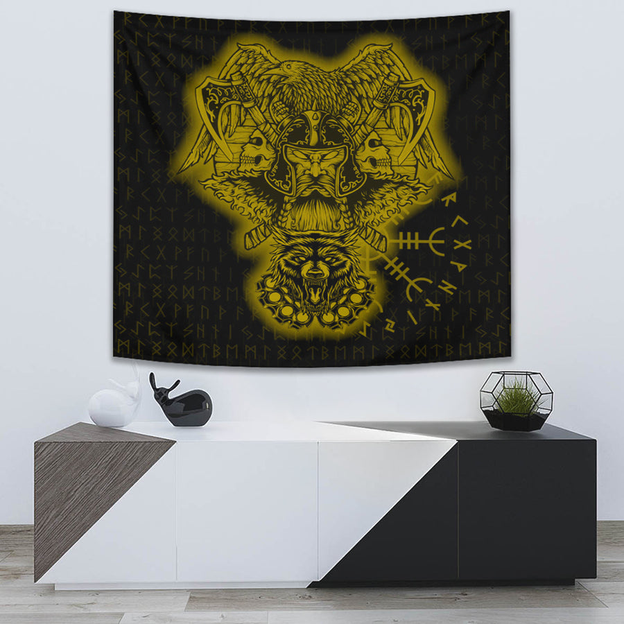 Tspinners Tapestry -Odin And Raven Wolf Gold Viking Homeset Tapestry A95