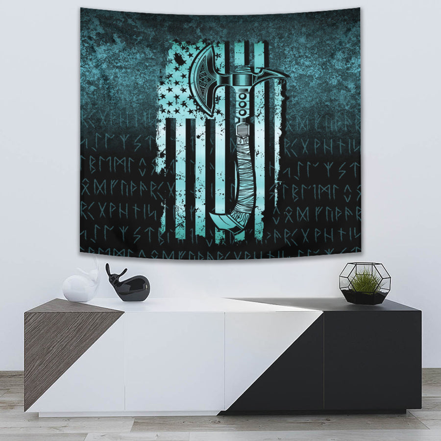 Tspinners Tapestry - USA Flag Viking Cool American Norsemen - Cyan Version Tapestry A7
