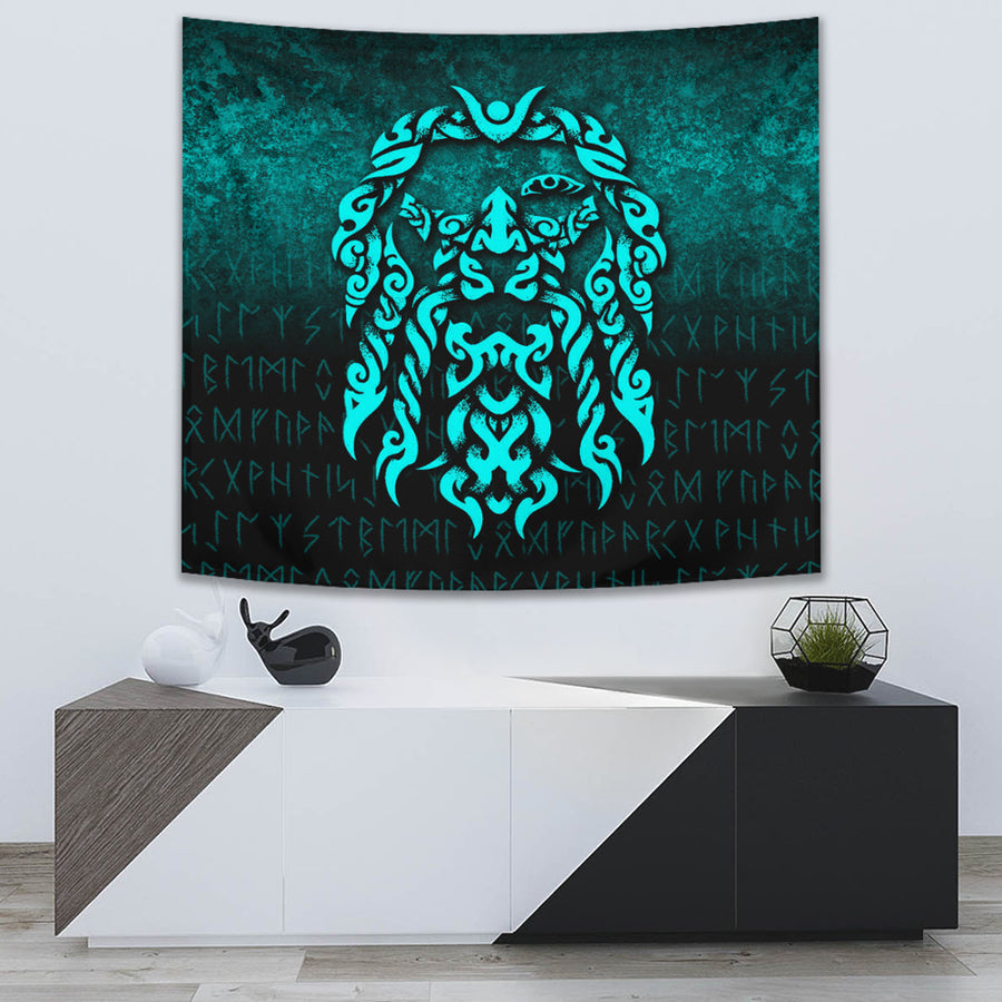 Tspinners Tapestry - Viking God Odin Allfather In Asgard Raven God - Cyan Version Tapestry A7