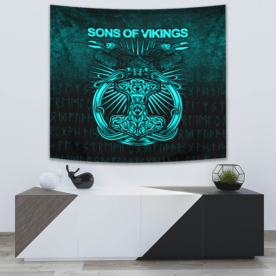 Tspinners Tapestry - Vikings Ravens Mjolnir - Cyan Version Tapestry A7