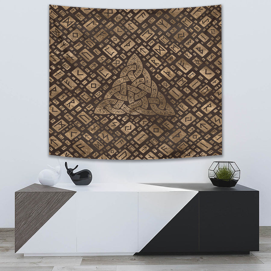 Tspinners Tapestry - Triquetra & Runic Alphabet Wood and Gold Tapestry A7