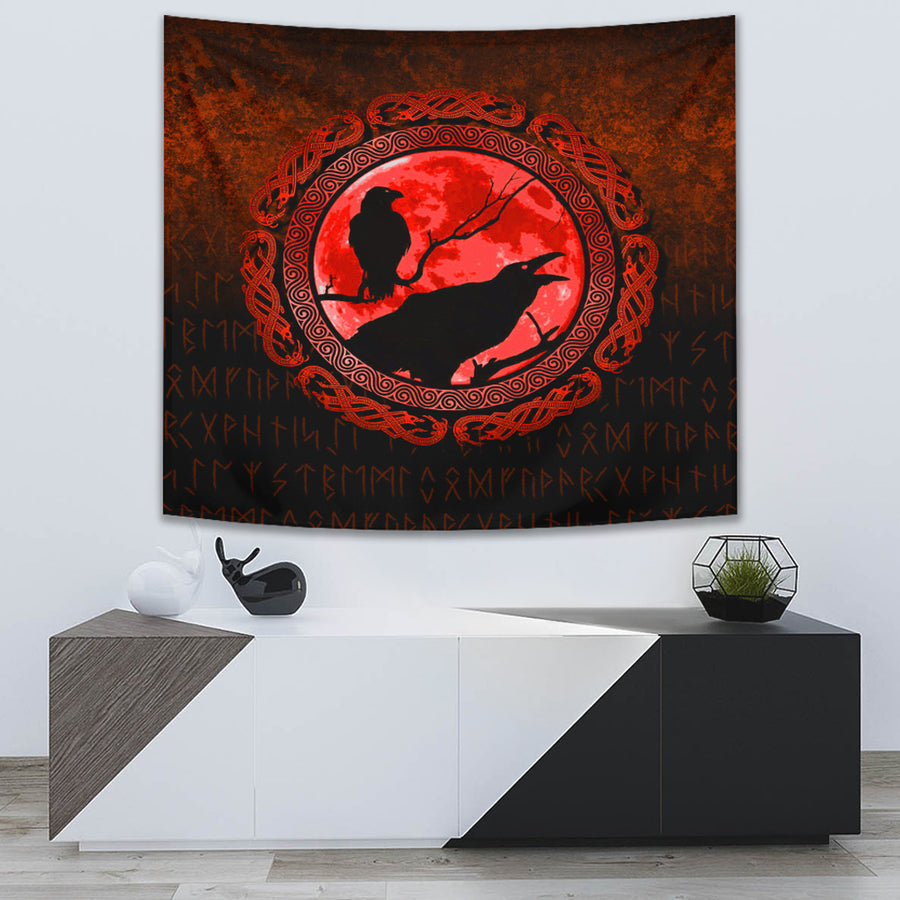 Tspinners Tapestry - Vikings Huginn Muninn Odinâ€™s Ravens - Red Version Tapestry A7