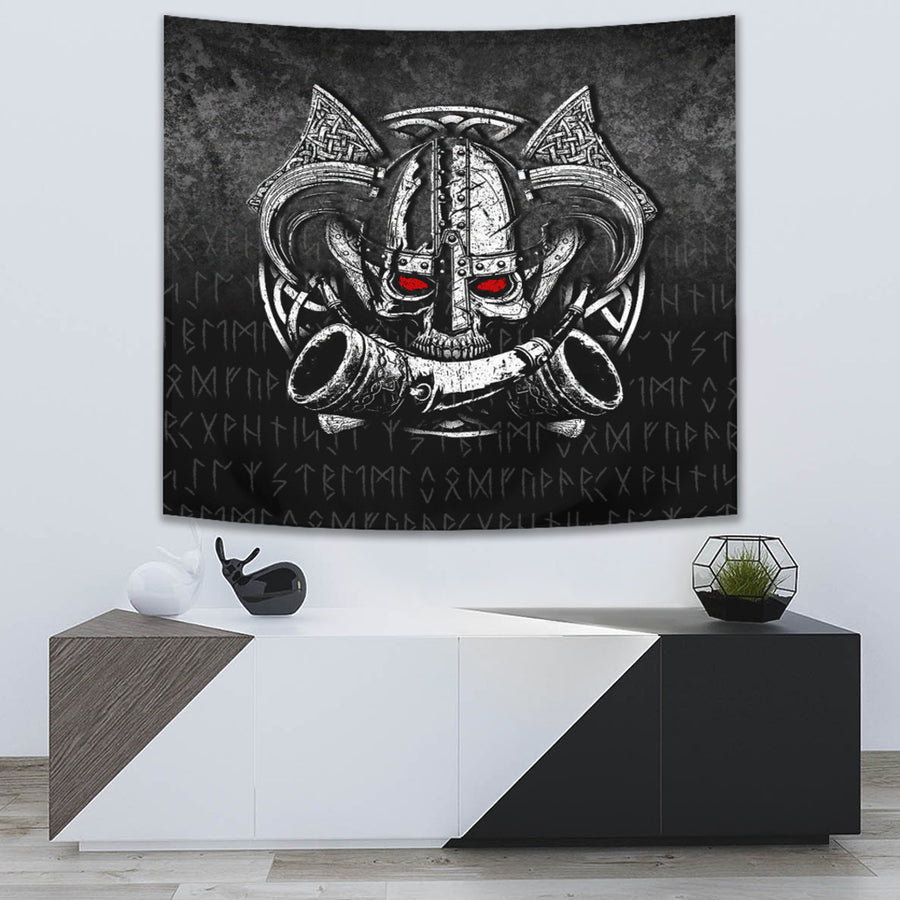 Tspinners Tapestry -Nordic Mythology Skull Mead Horn Warrior Runes Viking Tapestry A7