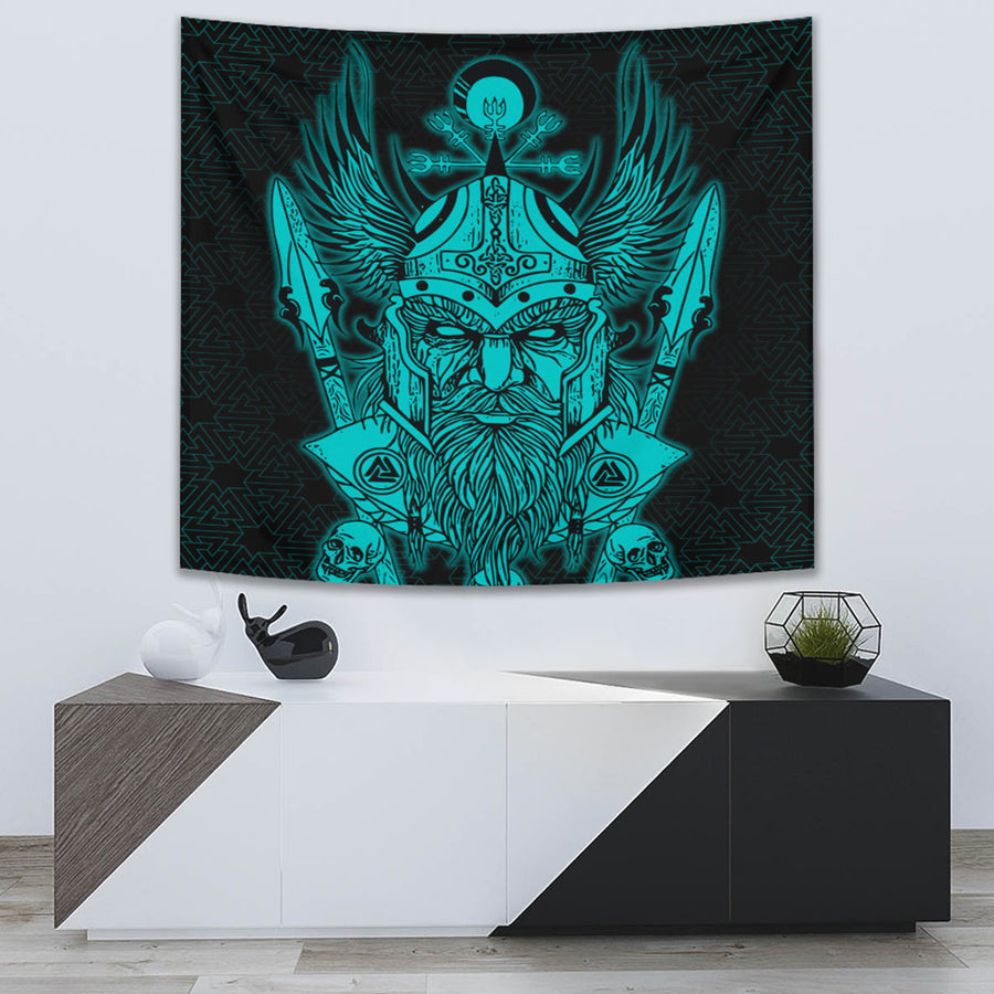 Tspinners Tapestry -Odin And Raven Turquoise Text Viking Homeset Tapestry A95