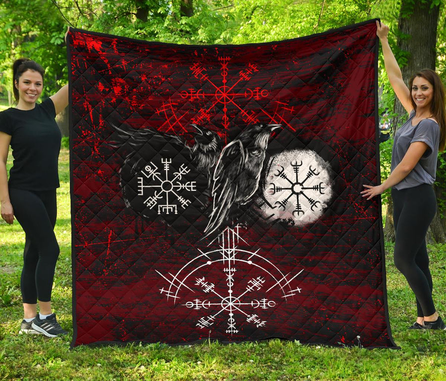 Tspinners - Premium Quilt Raven of Odin and Symbol Viking on Blood Background A27